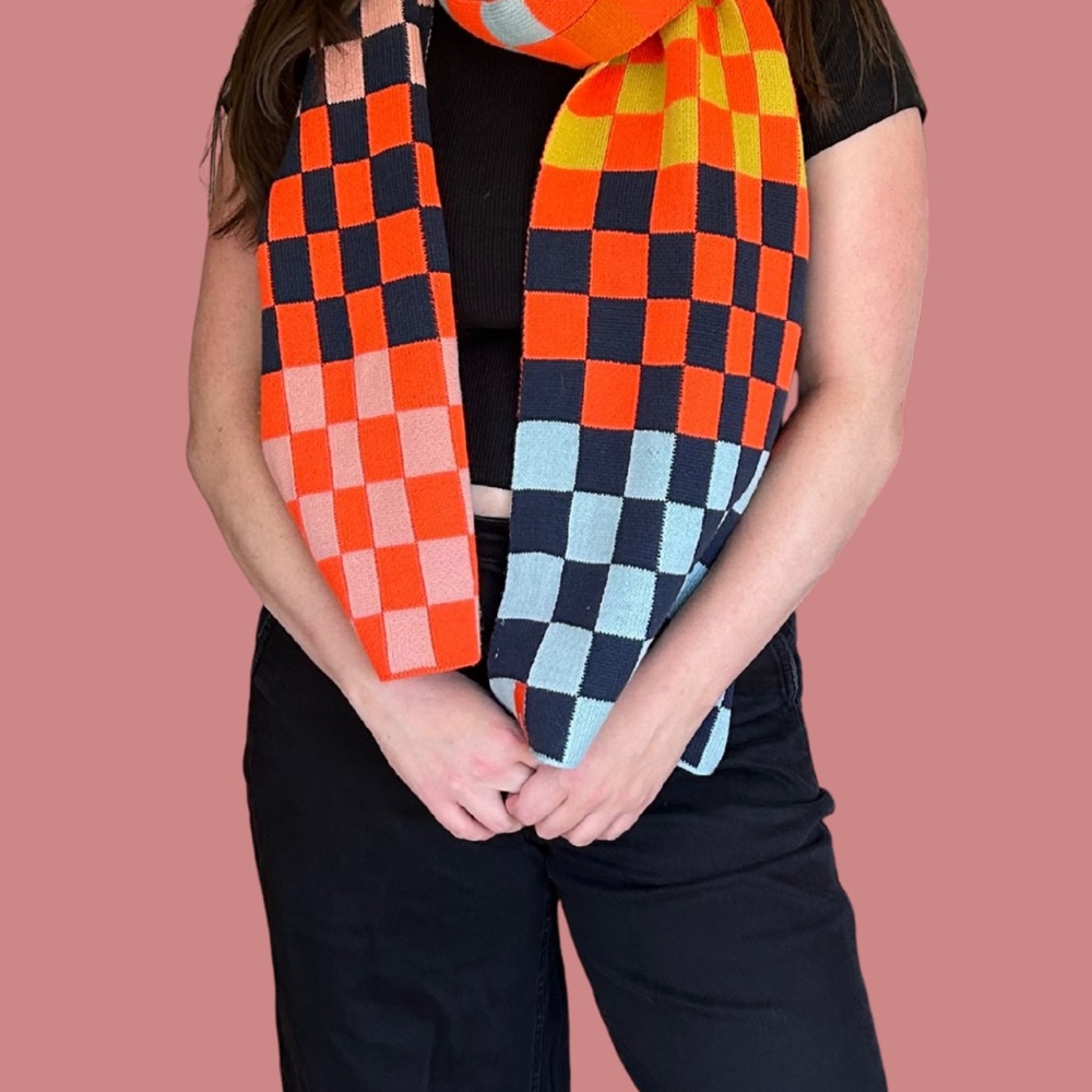 Vibrant Orange and Pink Checkered Scarf